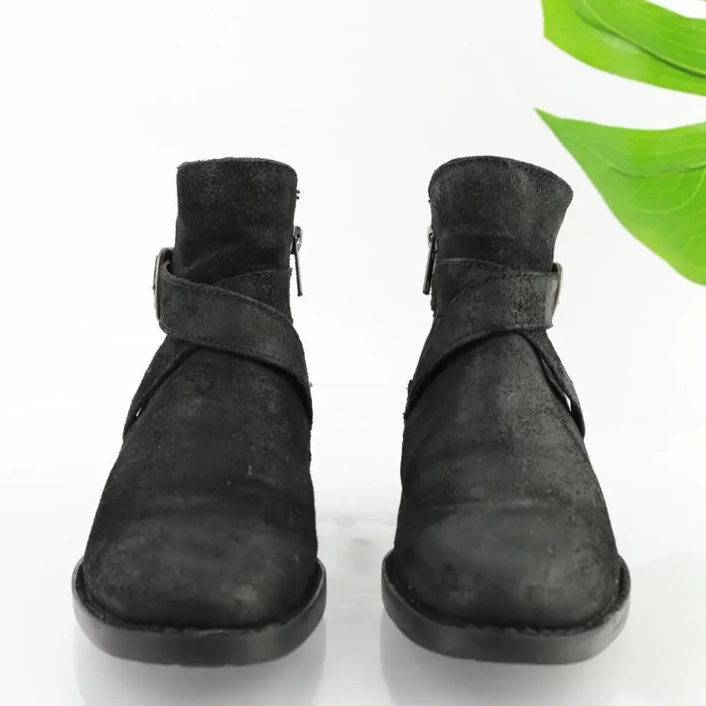 Born Womens Jorgette Boots Size 7.5 Black Suede Distressed Bootie Buckle Lo Heel